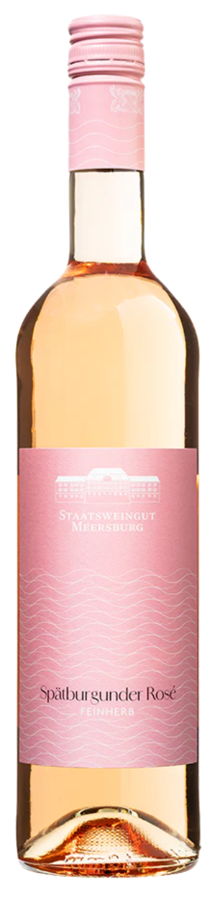 Staatsweingut Meersburg Spätburgunder Rosé Feinherb – lachs-rosa Roséwein in einer Weinflasche mit Etikett