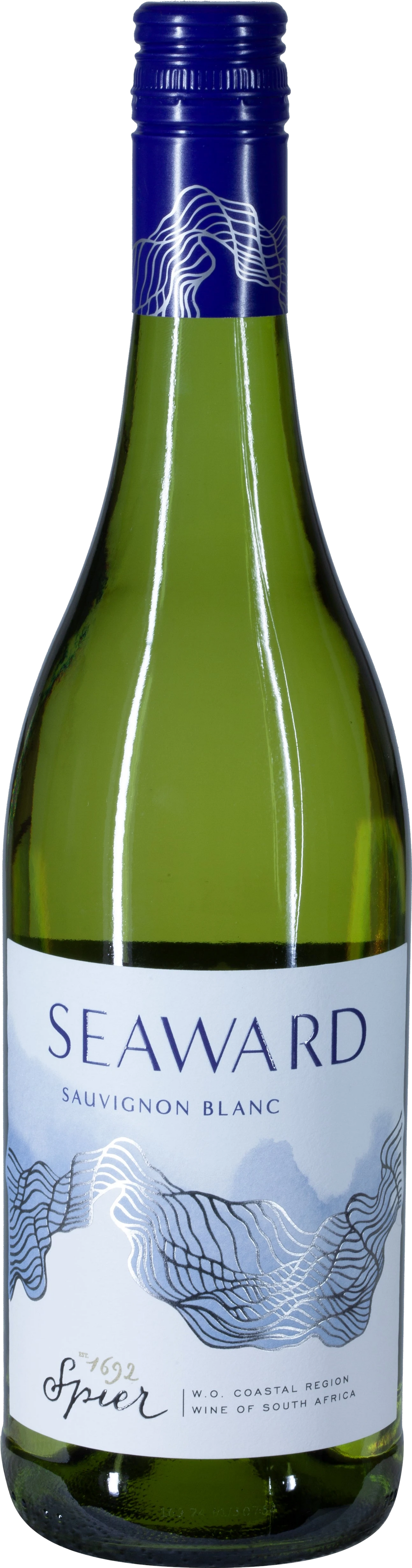 Spier Cellars Seaward Sauvignon Blanc – südafrikanischer Weißwein in klarer Flasche mit blauem Etikett.
