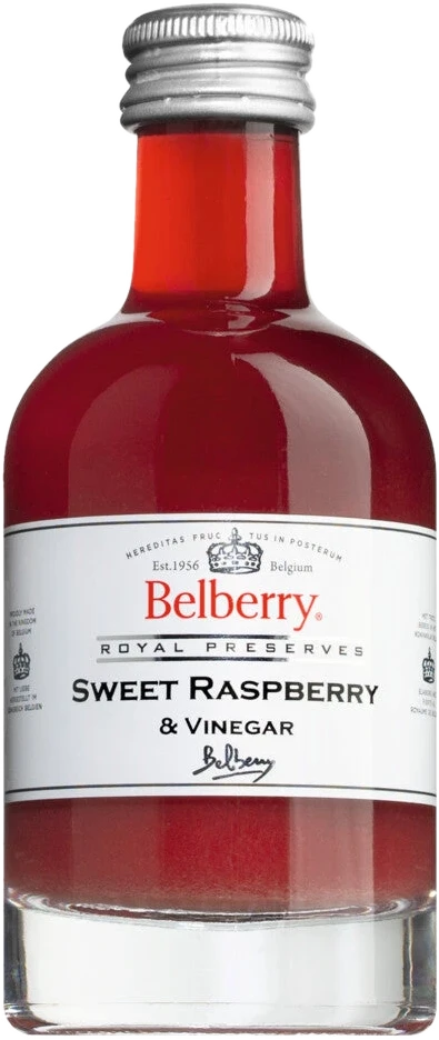 Flasche Sweet Raspberry Vinegar, Himbeeressig mit Fruchtmark, leicht sirupartige Konsistenz, tiefrote Farbe
