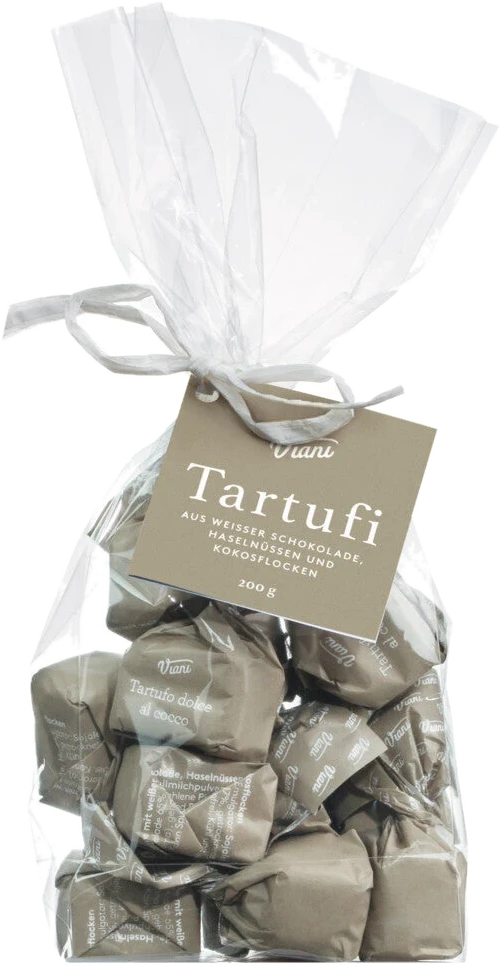 Tartufi dolci al cocco, sacchetto – 14 weiße Schokoladentrüffel mit Kokosflocken und Haselnuss im Geschenkbeutel