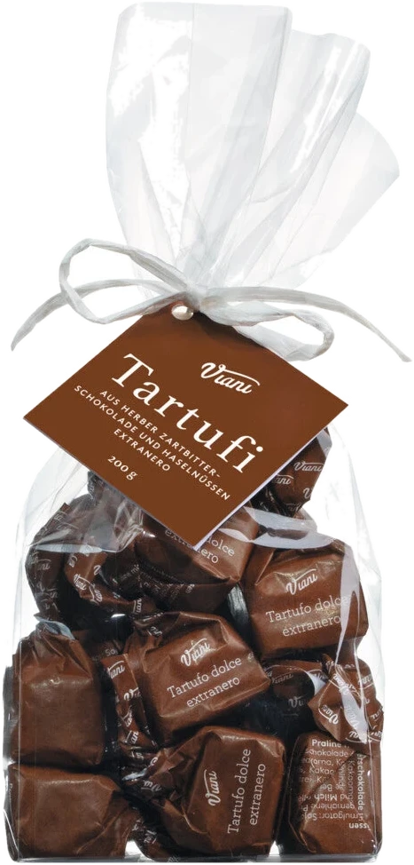 Transparenter Beutel mit 14 dunklen Trüffelpralinen in braunem Papier – Tartufi dolci extraneri, sacchetto