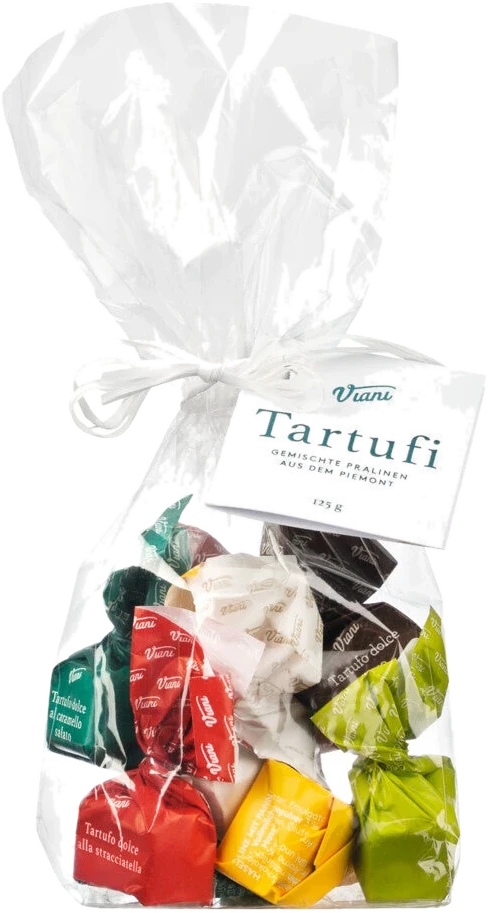 Bunte italienische Schokoladentrüffel-Mischung mit sechs Sorten, darunter Caramello, Pistacchio und Stracciatella, im Beutel
