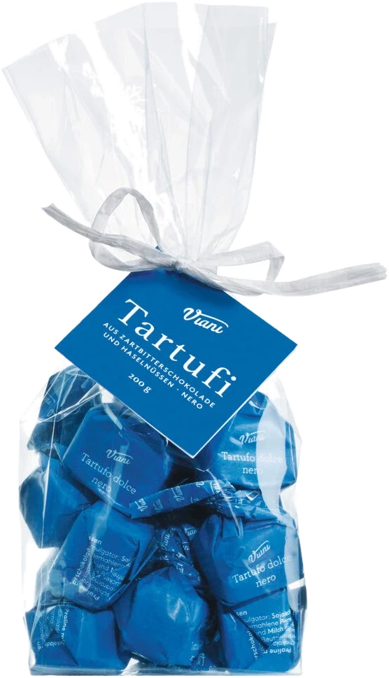 Durchsichtiger Beutel mit 14 Schokoladentrüffeln in blauem Papier – Tartufi dolci neri, sacchetto