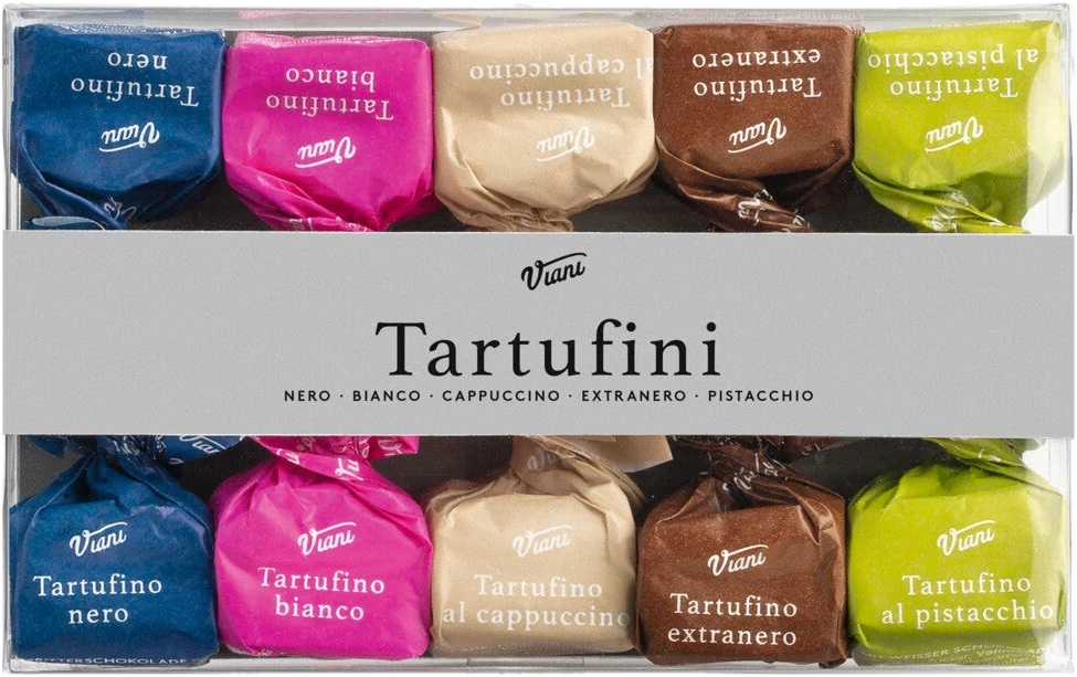 Zehn Schokoladentrüffel im Etui, Sorten nero, extra nero, bianco, cappuccino und pistacchio, je 2 Stück.