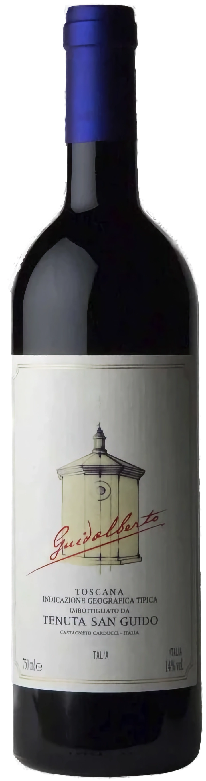 Tenuta San Guido Guidalberto, Super-Toskaner, Rotweinflasche in tiefem Rubinrot mit klassischem Etikett.