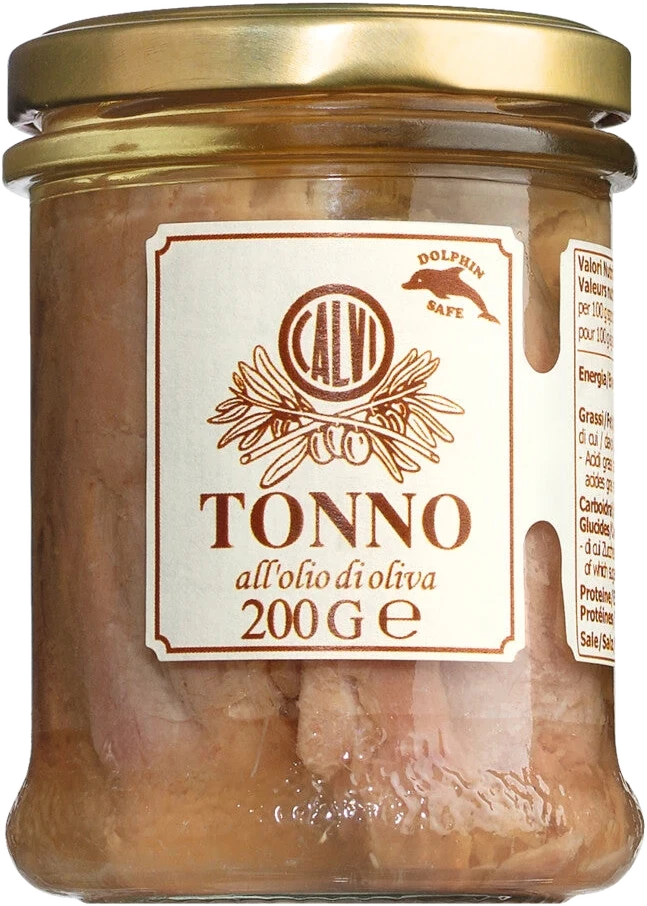 Glasgefäß mit in Olivenöl eingelegtem Gelbflossenthunfisch, Tonno all'olio d'oliva, handgeschnitten, italienische Tradition