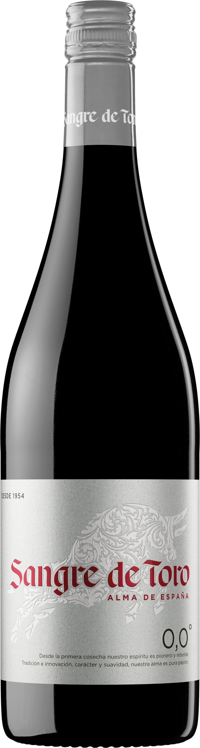 Torres Sangre de Toro Tinto alkoholfrei, Rotweinflasche in Kirschrot mit schwarzem Etikett und rotem Stier-Logo