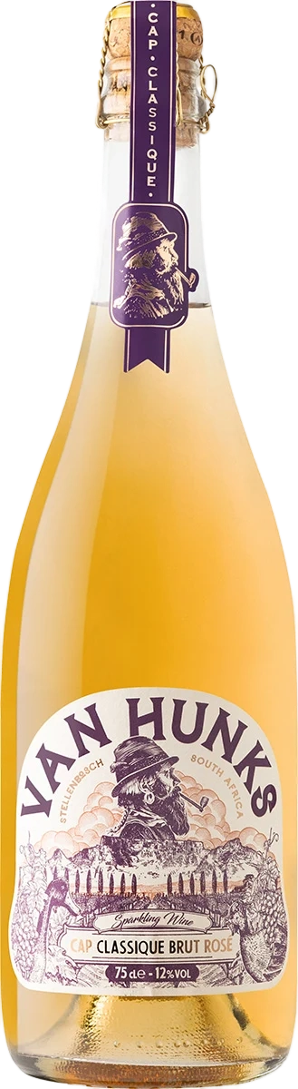 Van Hunks MCC Brut Rosé Cap Classique – sparkling wine in a pink bottle with an elegant label