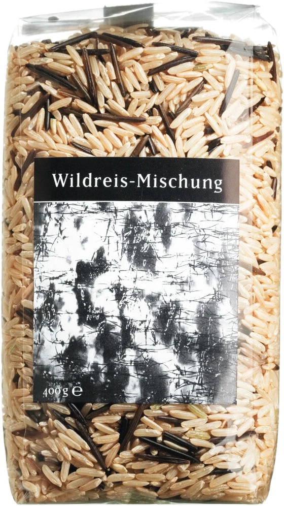 Viani Natur-Wildreismischung: Packung mit ungeschältem Naturreis und schwarzem Wildreis aus Kanada.