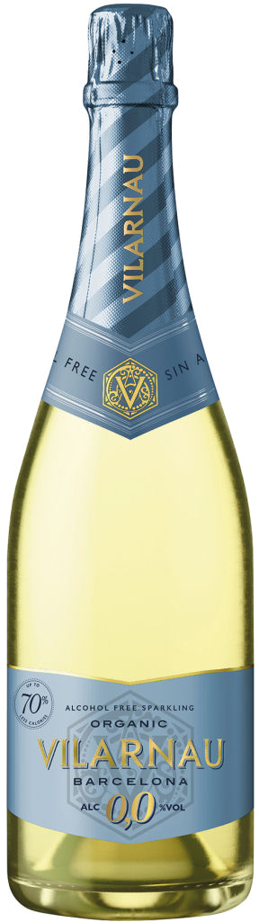Caves Vilarnau Brut 0,0 % alkoholfrei – blassgelber, feinperliger Schaumwein in einer weißen Flasche mit Etikett.