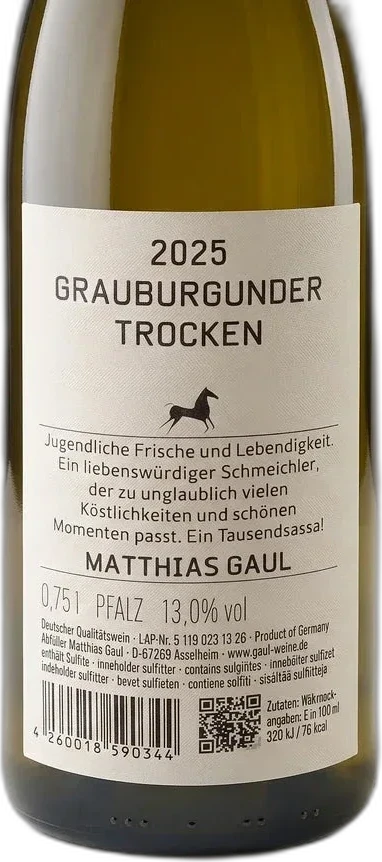 Flasche Matthias Gaul Grauburgunder, Weißwein aus der Pfalz, mit hellem Etikett auf weißem Hintergrund