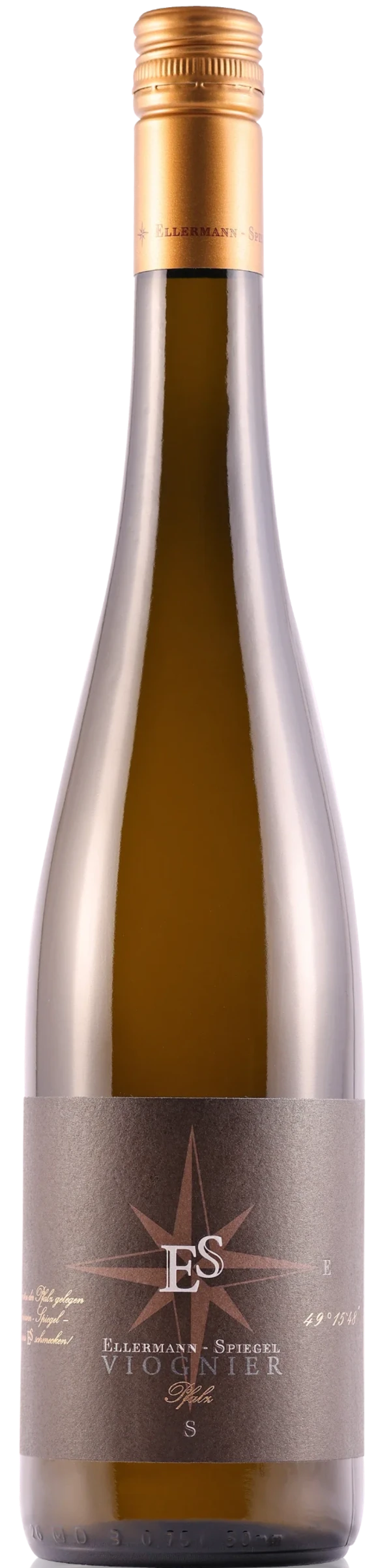 Ellermann-Spiegel Viognier Goldkapsel, Weißwein, stehende Flasche mit goldener Kapsel
