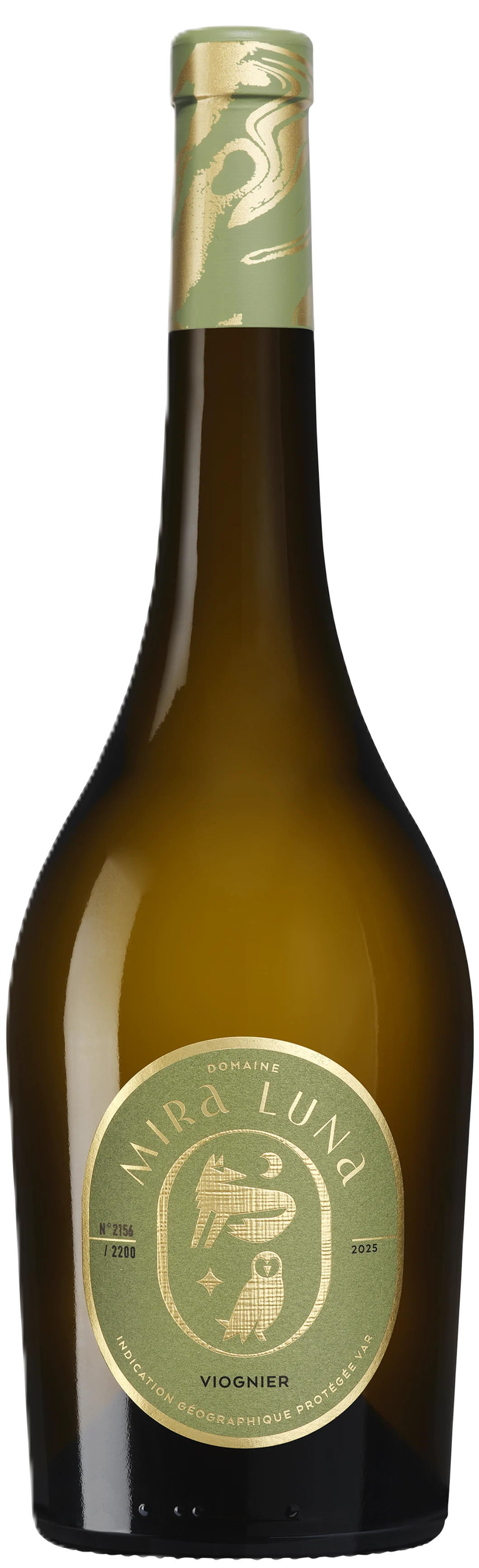 Domaine Mira Luna Viognier White, helle Weißweinflasche mit Etikett