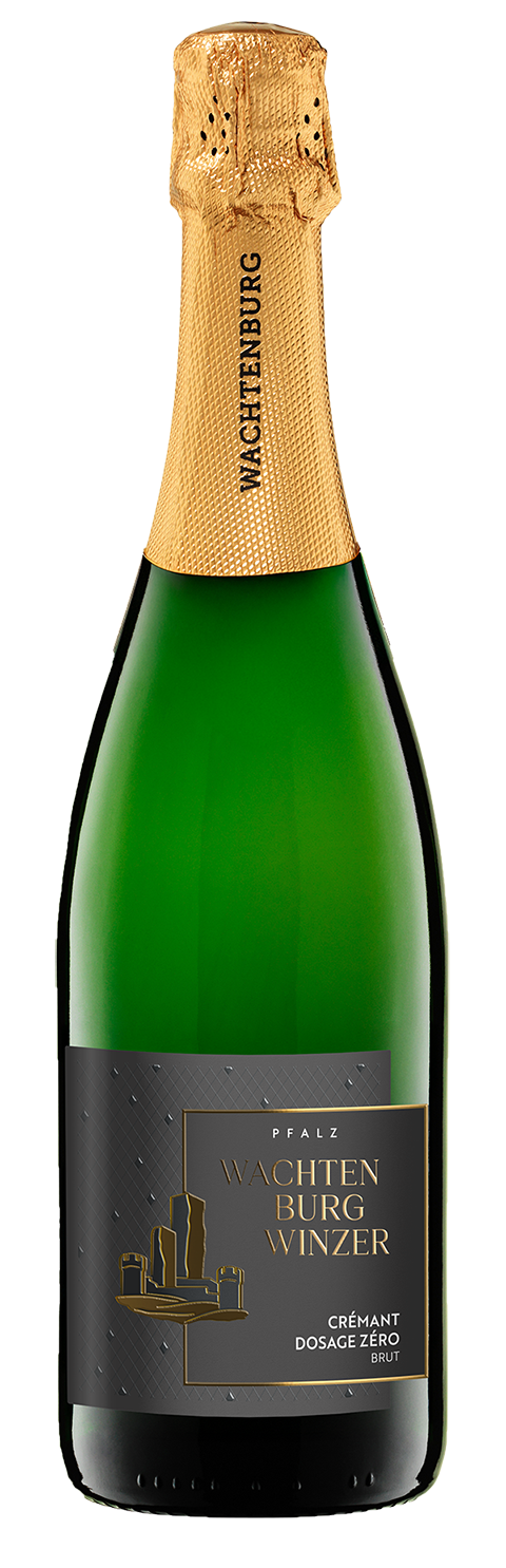 Wachtenburg Winzer Crémant Pfalz Zero Dosage – light bottle with sparkling wine cork and wire basket
