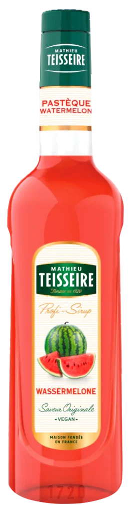 Flasche Mathieu Teisseire Wassermelonen-Sirup mit rotem Etikett auf weißem Hintergrund