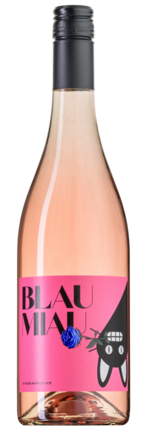 Flasche Winzer Sommerach Blau Miau Rosé, helles Lachsrosa, fränkischer Roséwein aus Schwarzriesling und Spätburgunder
