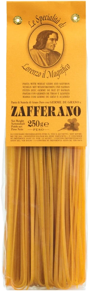 Zafferano Linguine mit Safran – goldgelbe Pasta aus Hartweizengrieß mit echtem Safranpulver, in Packung.