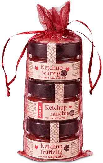 Zum Heiligen Stein Ketchup Feinschmeckermix, drei Flaschen à 0,75 g, Glas mit rotem Ketchup und Produktetikett