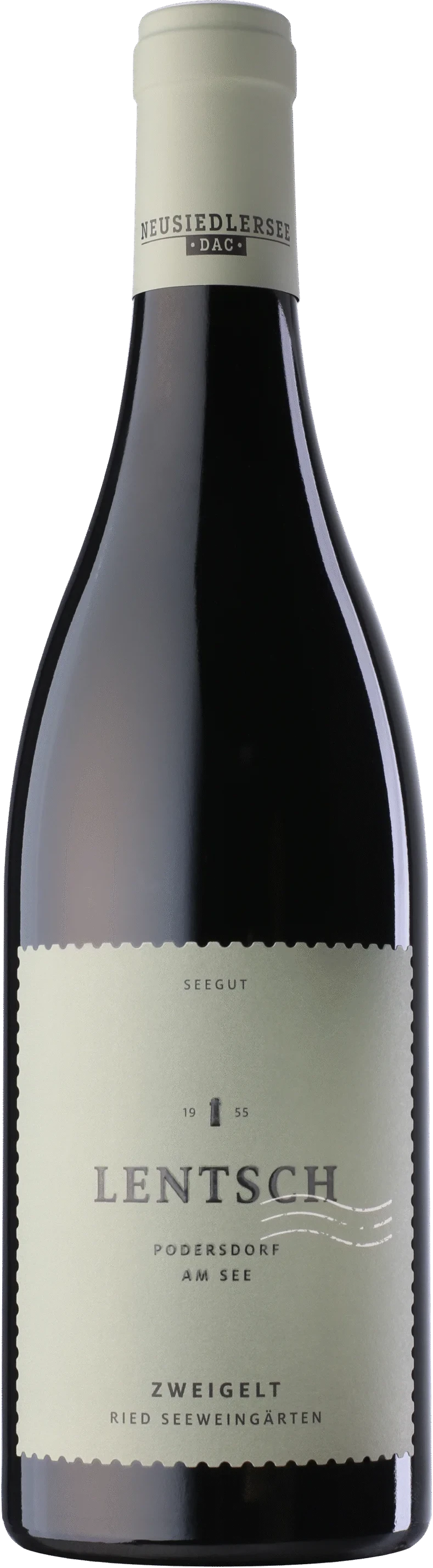 Red wine bottle Zweigelt Ried Seeweingärten from Seegut Lentsch with a dark label