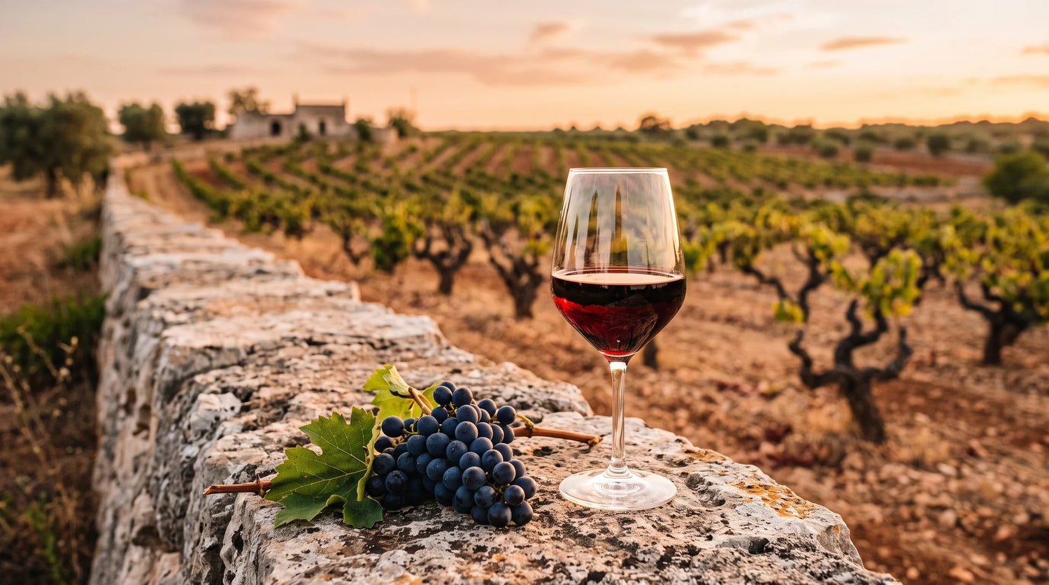 Glas Primitivo vor einem alten apulischen Weinberg mit Buschreben im Abendlicht
