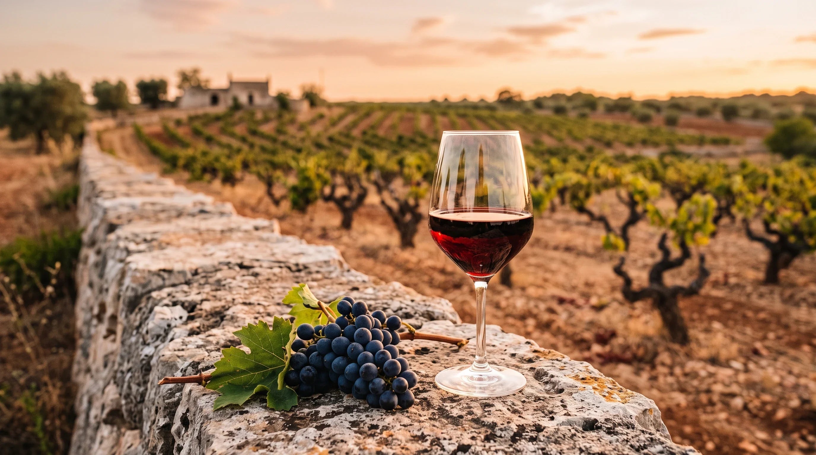 Glas Primitivo vor einem alten apulischen Weinberg mit Buschreben im Abendlicht