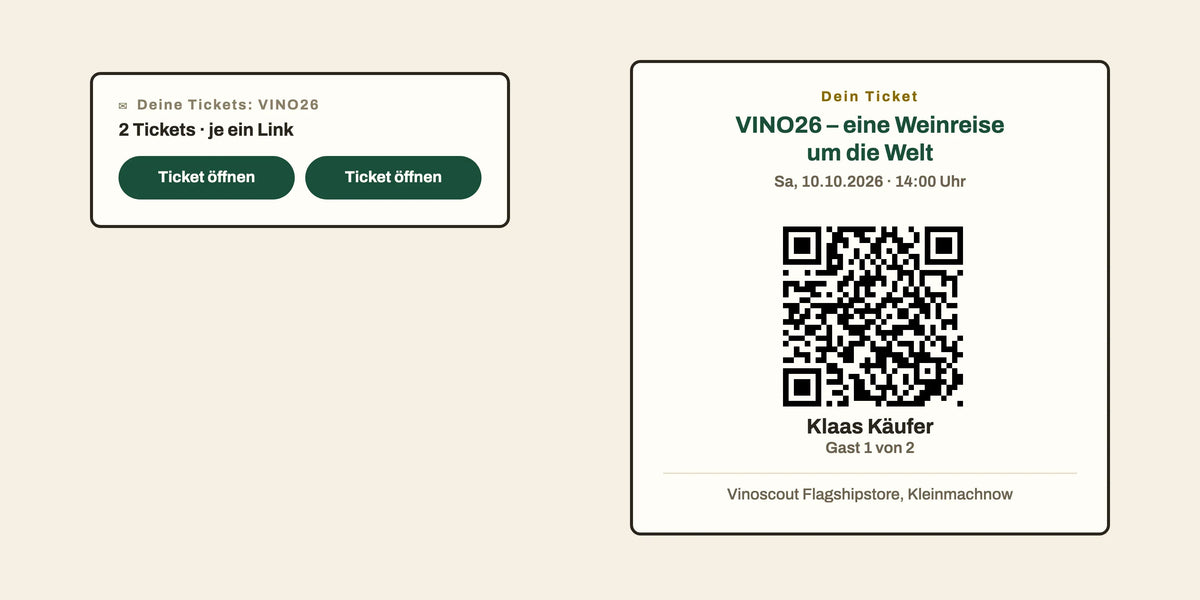 Ticket-Mail mit zwei Links und ein Ticket mit QR-Code, Name und „Gast 1 von 2“