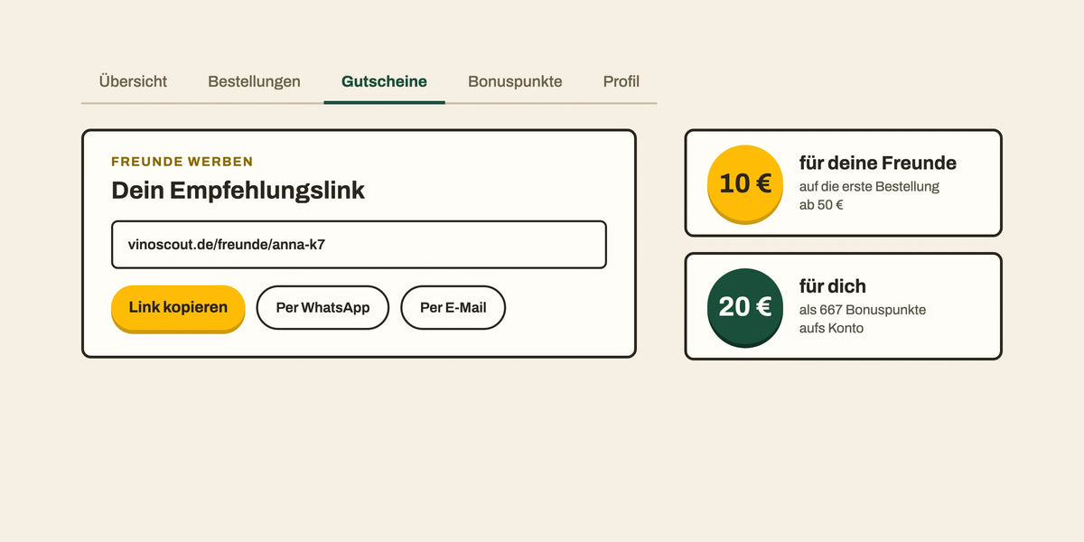 Empfehlungslink im Kundenkonto mit 10 € für Freunde und 20 € als Bonuspunkte