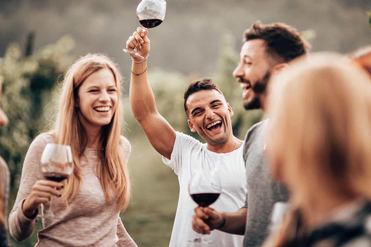 Lachende Freunde stoßen draußen mit Rotwein an
