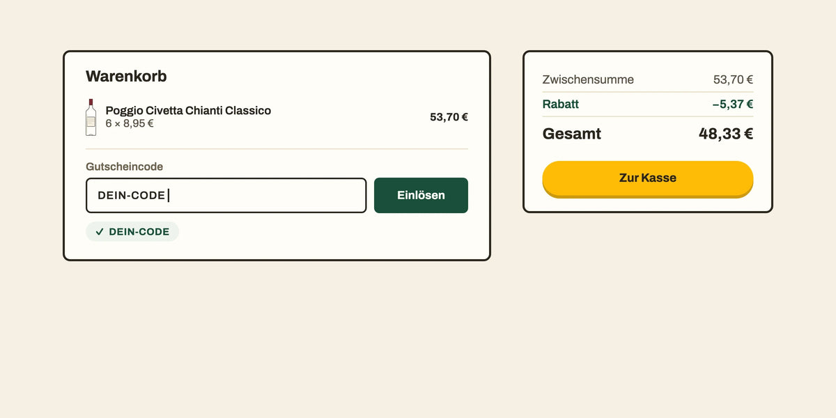 Warenkorb mit Feld „Gutscheincode“ und Knopf „Einlösen“, rechts die Summe mit Rabatt