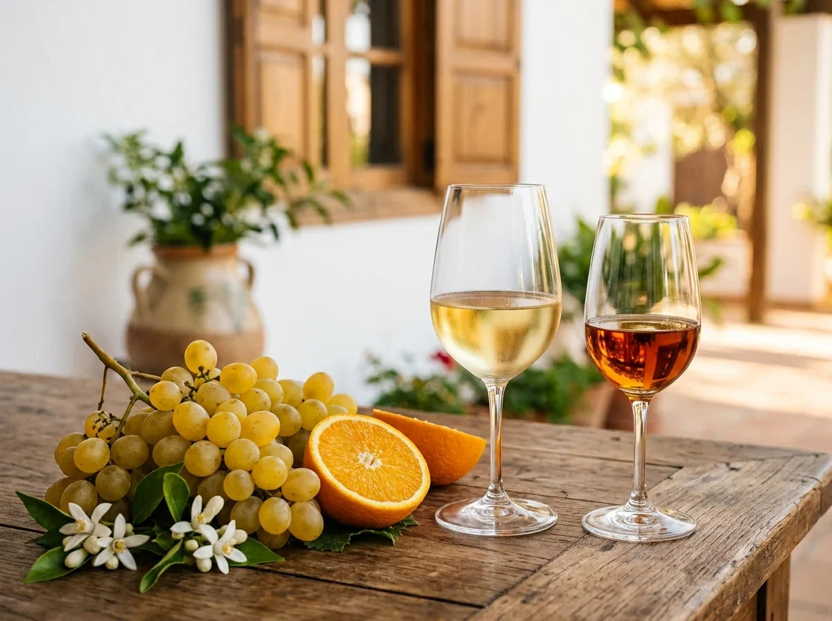 Muskatellertrauben, Orangenblüten und zwei Gläser Moscatel, trocken und süß, auf einem Holztisch