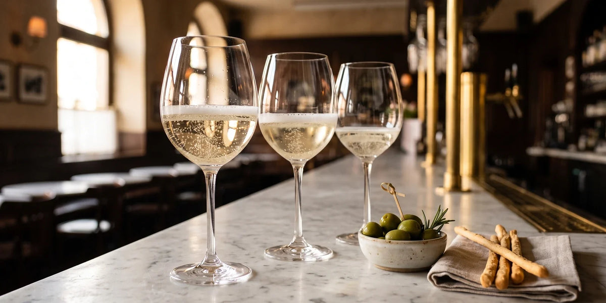 Drei Gläser Prosecco auf einem Marmortresen mit Oliven und Grissini in italienischer Bar-Atmosphäre