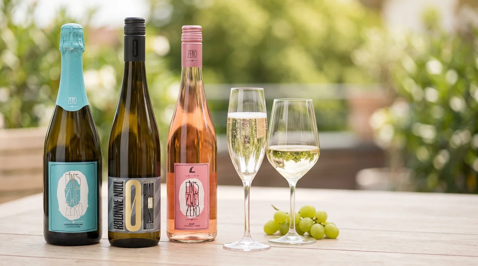 Drei alkoholfreie Weine von Leitz und Kolonne Null mit gefülltem Sekt- und Weinglas auf einer sonnigen Terrasse