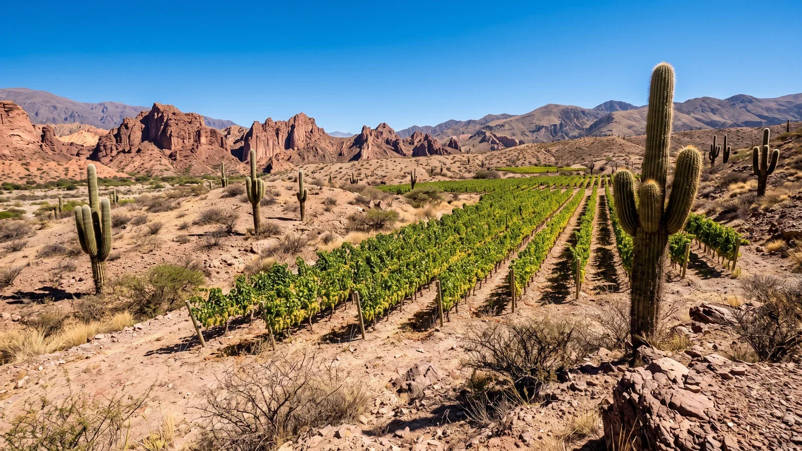Vineyard in the Valles Calchaquíes near Cafayate, between red sandstone formations and cardon cacti at an altitude of around 1,700 meters