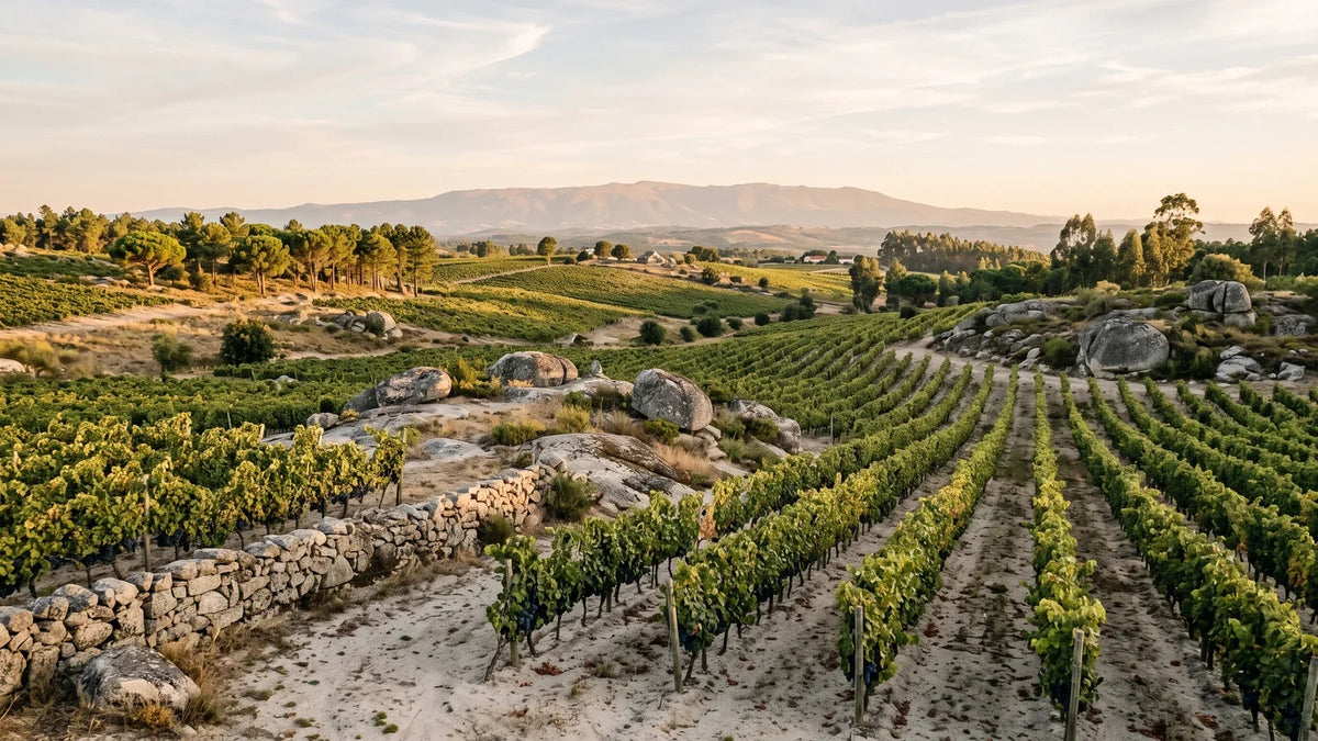 Vineyard on the granite plateau of the Dão, with granite boulders, dry stone walls, and the Serra da Estrela on the horizon