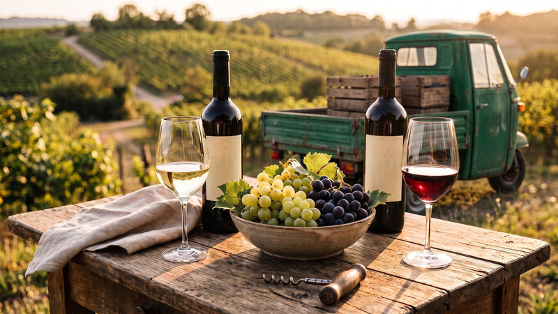 Current wine offers at Vinoscout – wine bottles with percentage signs on a sunny table
