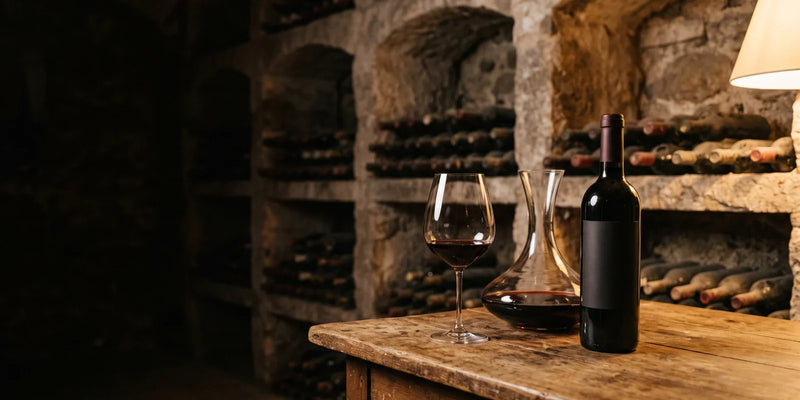 Dunkler Gewölbekeller aus Naturstein mit liegenden Weinflaschen in steinernen Regalen, im Vordergrund eine Flasche, eine Karaffe und ein Glas Rotwein auf einem Eichentisch im warmen Lampenlicht