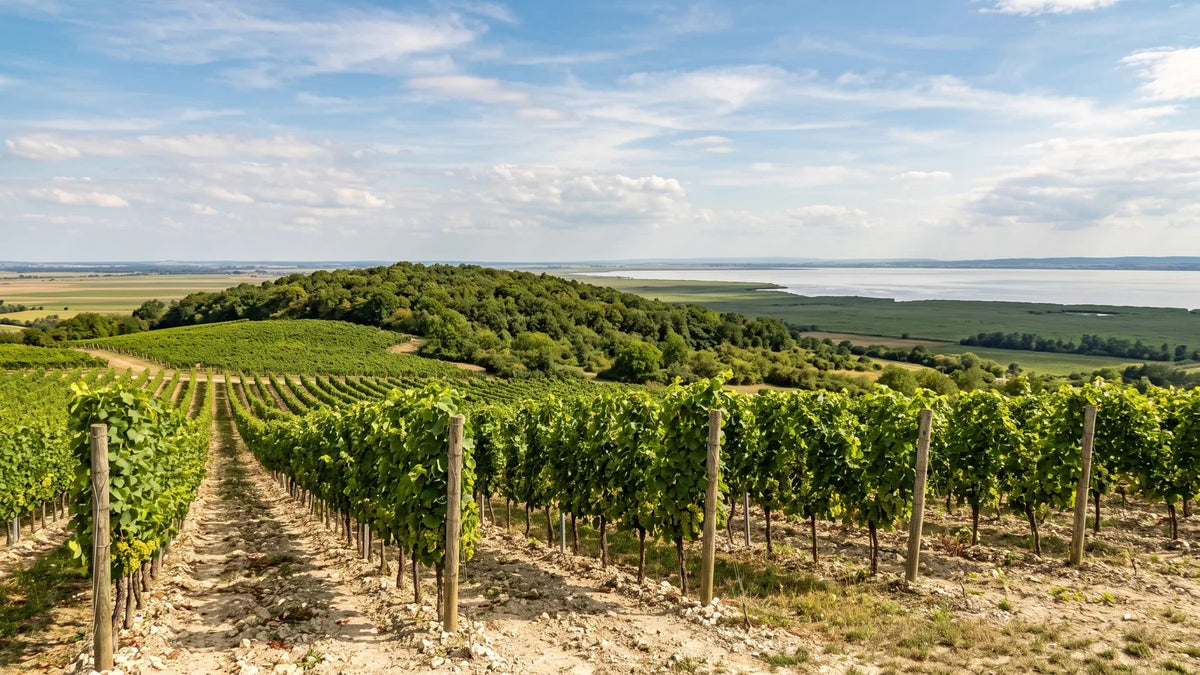 Vine rows on the southeastern slope of the Leithaberg, with the Pannonian Plain and the reed-fringed Lake Neusiedl behind them