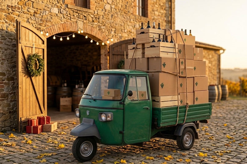 Green Vinoscout Ape, loaded with wine crates, in front of the autumnally decorated gate of a winery