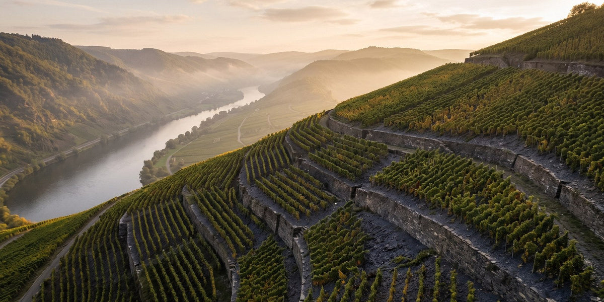 Terrassierte Steillagen-Weinberge über einer Flussschleife im Abendlicht
