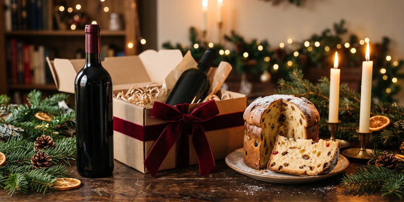 Red wine bottle, gift box with a red velvet ribbon and sliced panettone on a wooden table, next to it fir branches and burning candles
