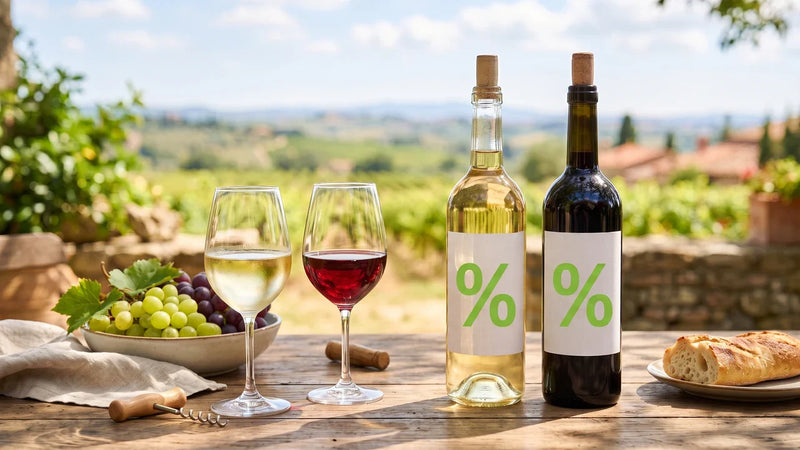 Aktuelle Wein-Angebote bei Vinoscout – Weinflaschen mit Prozentzeichen auf sonnigem Tisch