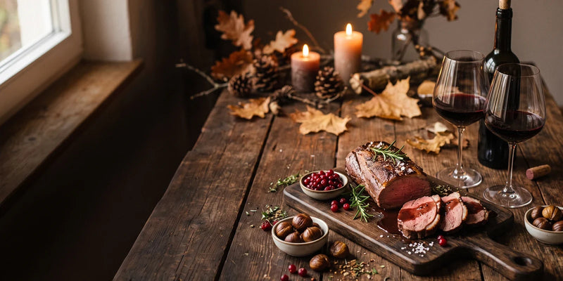 Rosa gebratener Rehrücken mit Preiselbeeren, Maronen und zwei Gläsern Rotwein auf einer herbstlichen Holztafel
