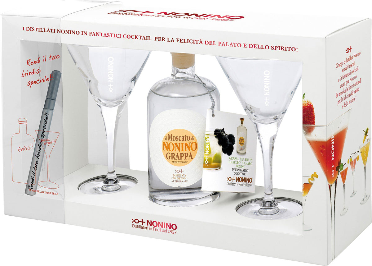 Gift box Confezione 1x 0.35l Grappa MV Il Moscato 41%vol with 2 cocktail glasses in gift packaging