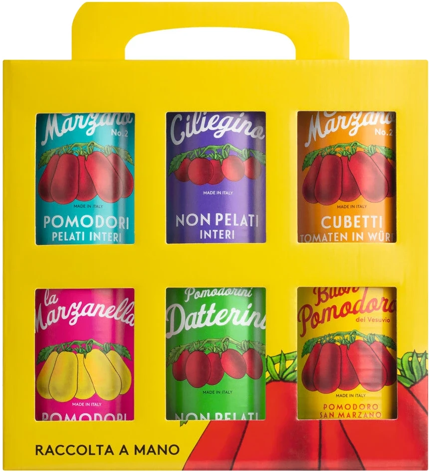Viani 6er-Set Tomaten Vintage: sechs Dosentomaten-Sorten im Träger, je 400 g, darunter San Marzano, Datterini und Ciliegino.