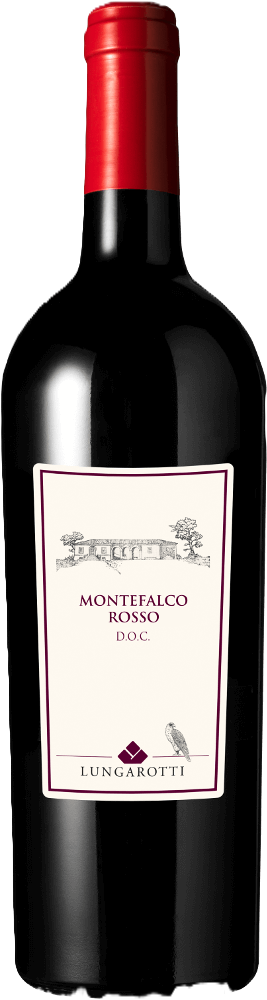 Lungarotti Montefalco Rosso DOC, eine dunkle Rotweinflasche mit beigem Etikett von Lungarotti