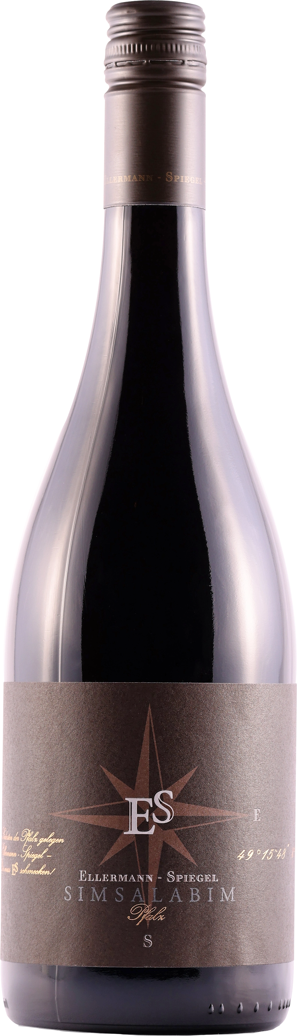 Ellermann-Spiegel Cuvée Simsalabim, Rotwein aus der Pfalz, dunkle Flasche mit Etikett