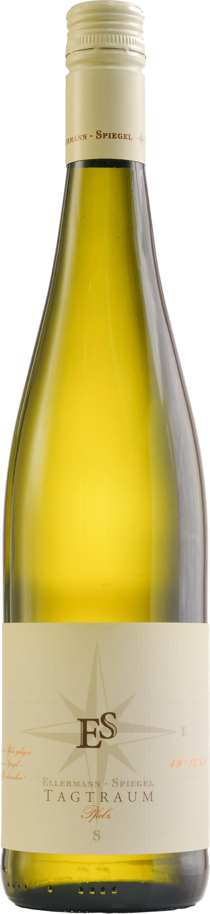 Weißwein Cuvée Tagtraum von Ellermann-Spiegel aus der Pfalz, helle Flasche mit Etikett