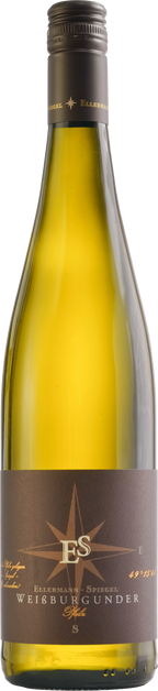Weißburgunder Gutswein von Ellermann-Spiegel, Weißweinflasche mit Gutsetikett in hellem Design.