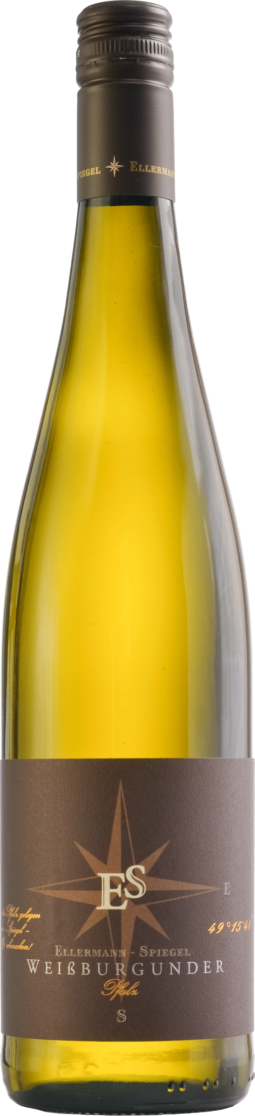 Weißburgunder Gutswein von Ellermann-Spiegel, Weißweinflasche mit Gutsetikett in hellem Design.