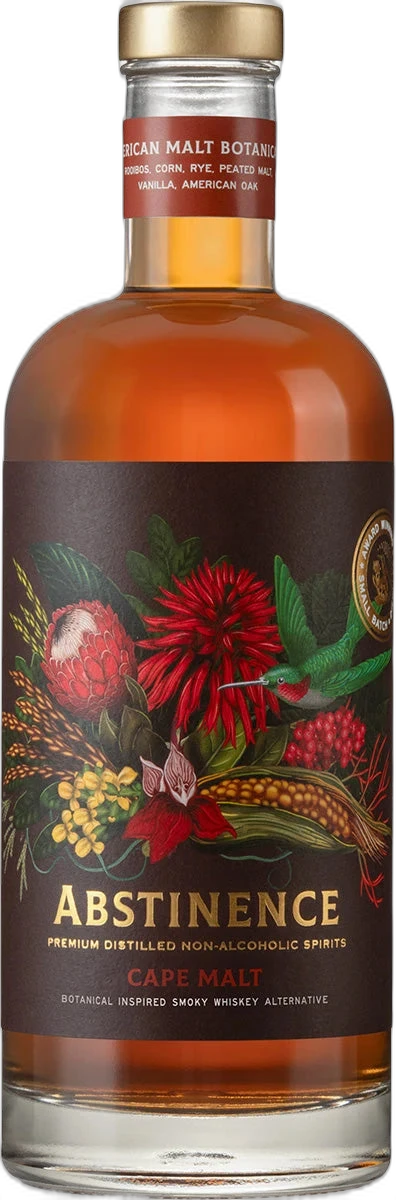 Abstinence Cape Malt, alkoholfreier Whisky-Alternativ-Spirit aus Südafrika mit Rooibos, in dunkler Flasche mit Etikett.